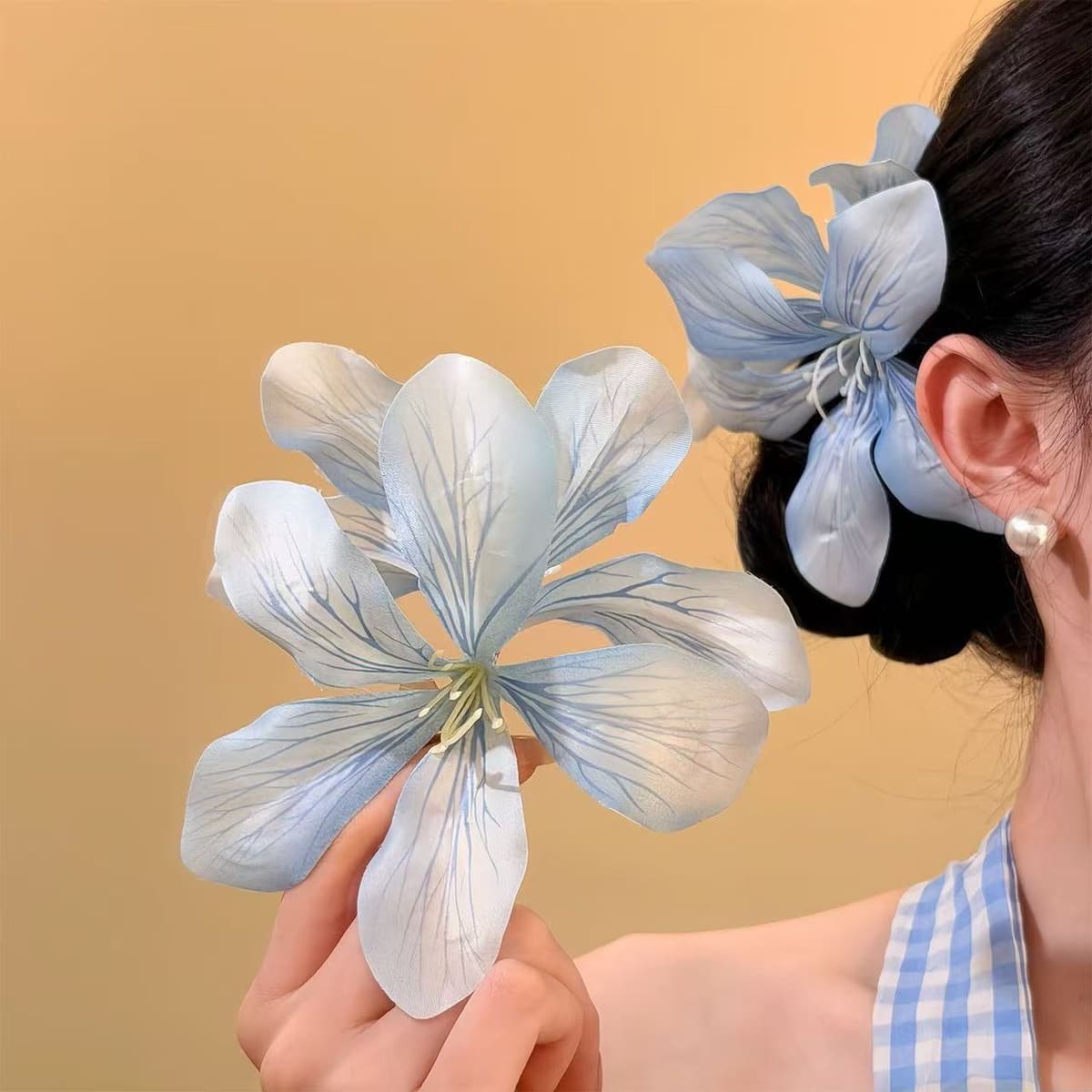 7389 five-petal orchid double flower hairpin-blue