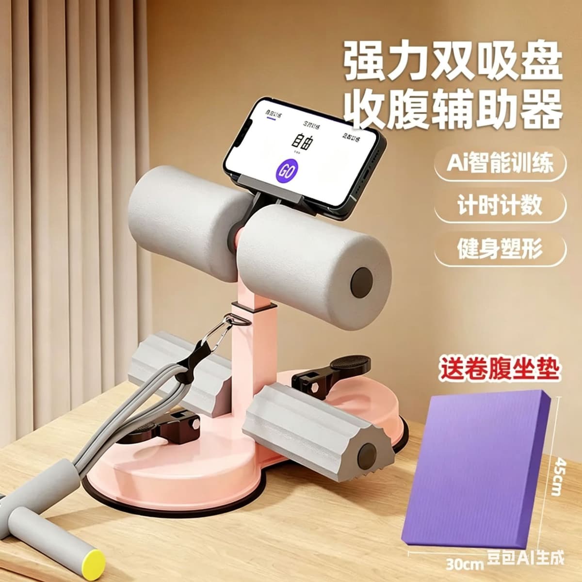 Stand + six-tube abdominal curler pink + seat cushion