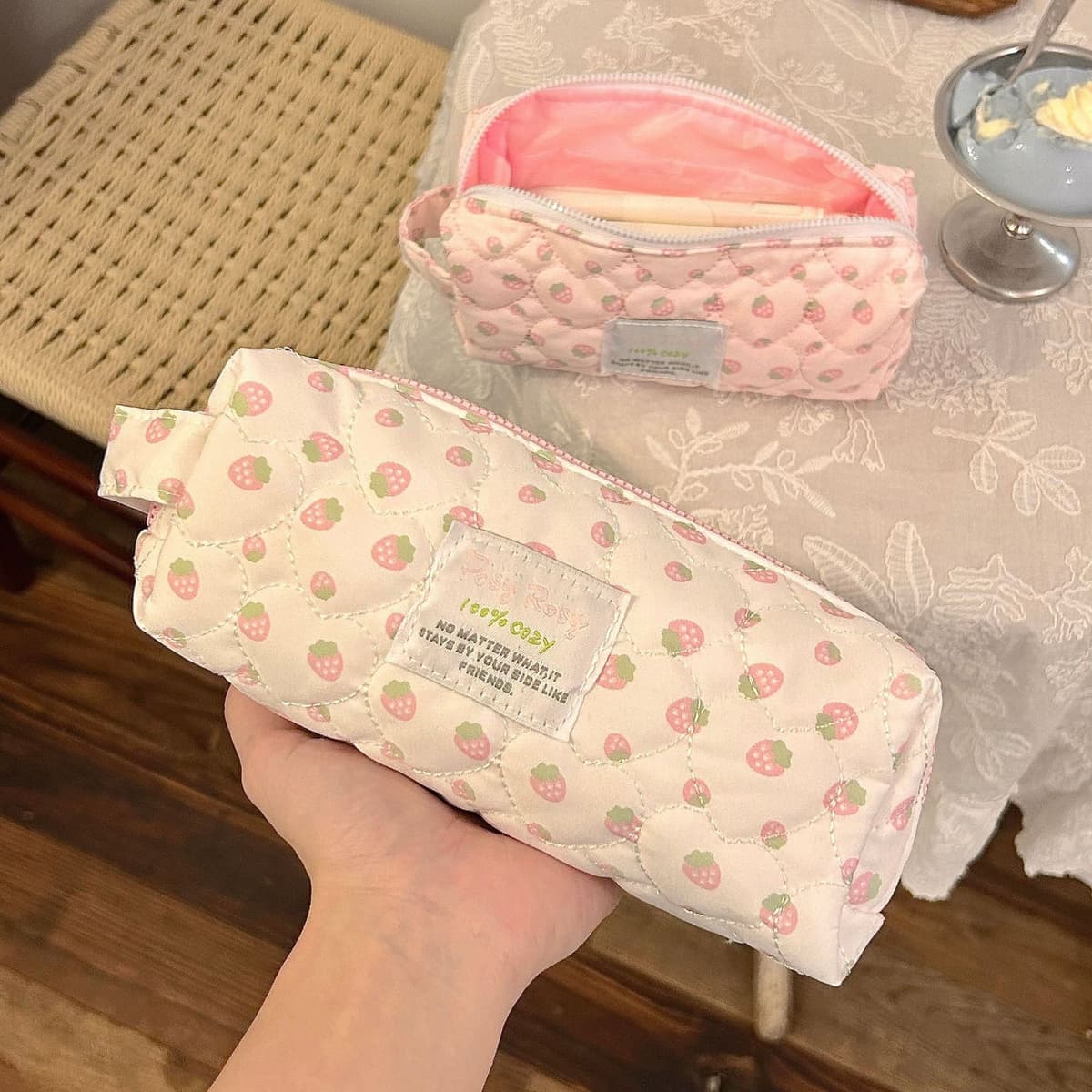 White cream strawberry pencil case
