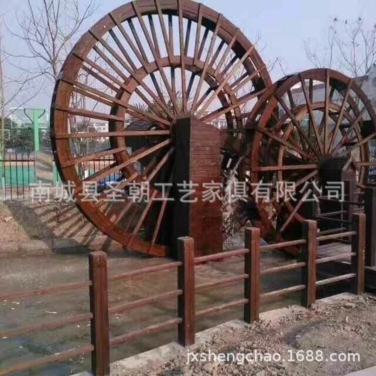 Antique-Style Water Wheel Made of Carbonized Anti-Corrosion Wood with Motor and Pedals, Anti-Corrosion Solid Wood for Outdoor Landscape Engineering Projects, Antique-Style Landscape 3