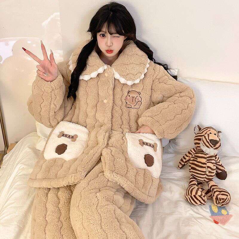 Qadınlar üçün Üçqat Qalınlaşdırılmış Mərcan Məxmər Pijama Dəsti, İsti, Cizgi Filmi, Ev/Çöl üçün 2