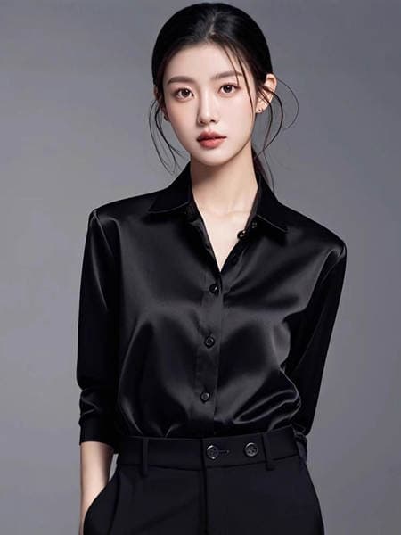 2025 Spring New Style High-End Acetate Satin Dark Green Shirt for Women, Long-Sleeved Fashionable and Stylish Shirt