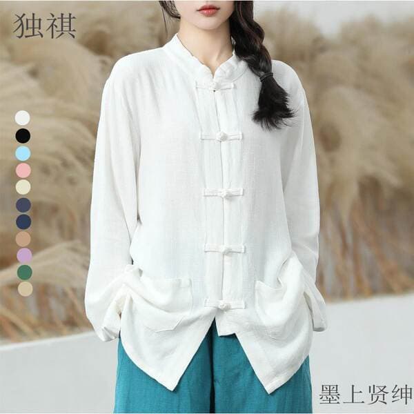 Same Style Retro Clothes Cardigan with Buckle High-end Taiji Clothing Cotton Linen Tang Suit Chinese Style Men's and Women's Summer Style