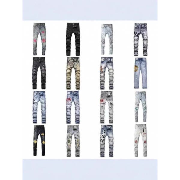 Pu Foreign Trade Cross-Border Men's Slim-Fit Trendy Brand Am New Style Ripped Patchwork Embroidered Straight-Leg Jeans Stylish