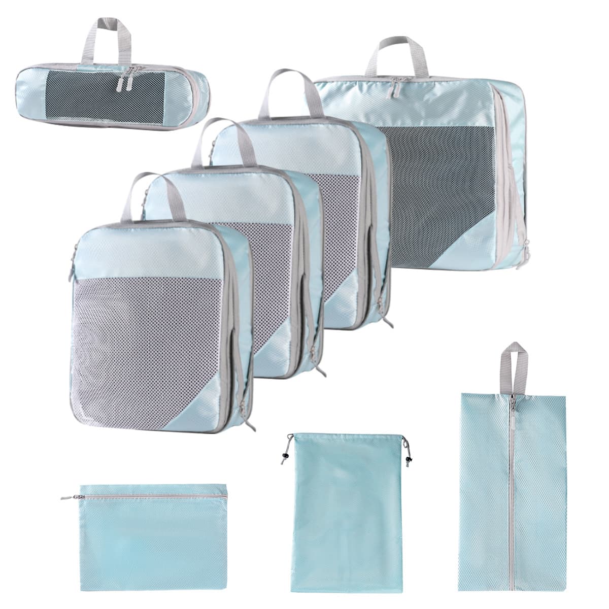 Eight-piece set with net lake blue + drawstring pocket + flat pocket + shoe bag