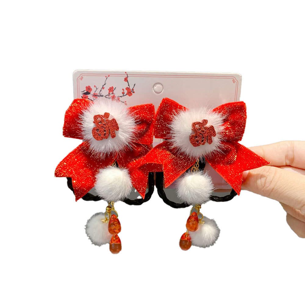 Children's New Year Chinese Style Red Bow Hairpin Ancient Style Hanfu Tassel Hairpin Headdress Girls' Hair Clip Hair Accessory 5