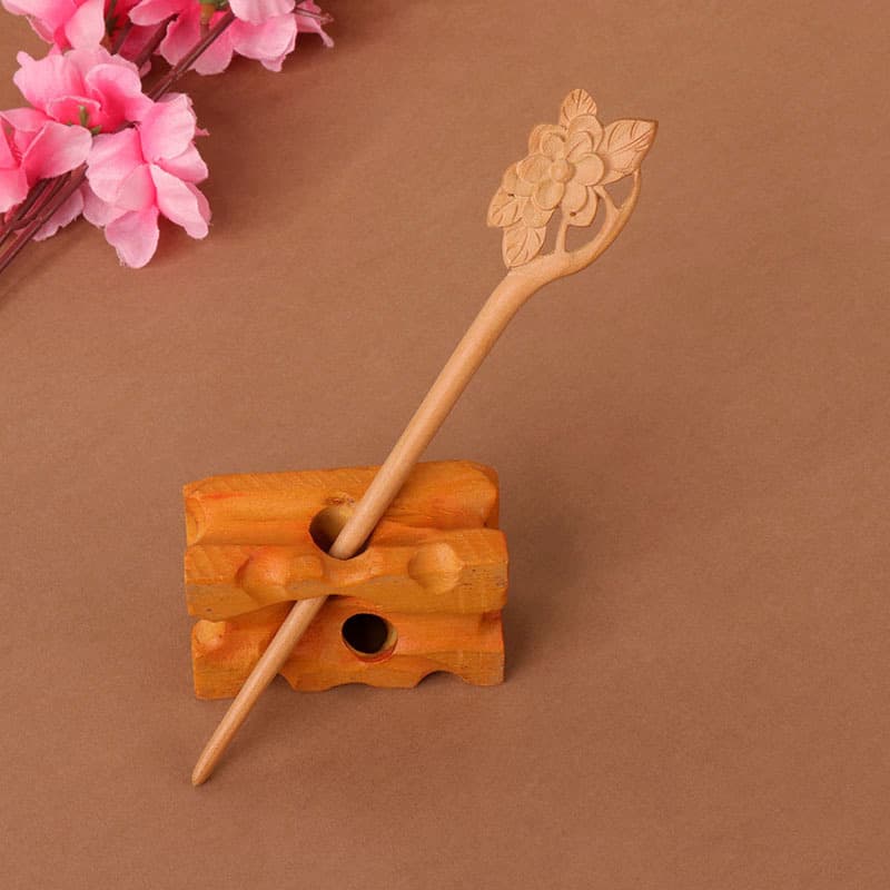Double-sided carved mahogany hairpin-magnolia
