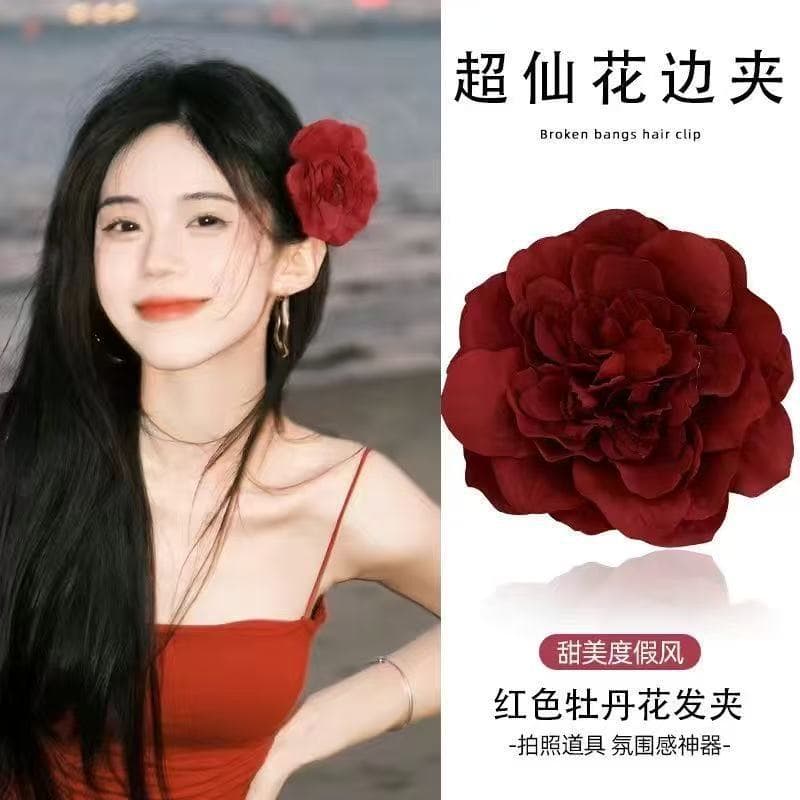 6014 resort style flower hairpin-big red