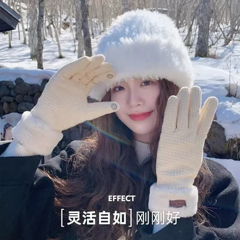 Women's winter fleece-lined touchscreen cycling gloves - off-white 87455676