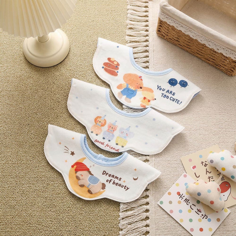 Knitted Fabric Waterproof Bib for Babies, Class a Pure Cotton, Petal-Shaped Bib with Cartoon Print, Double-Sided Use 3