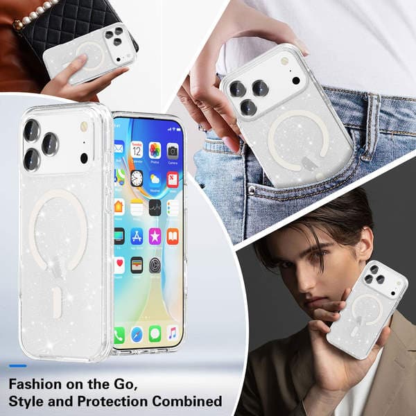 iPhone 17 Pro Max, 16, 15, 14 üçün maqnitli şəffaf parıltılı zərbəyə davamlı telefon qabı