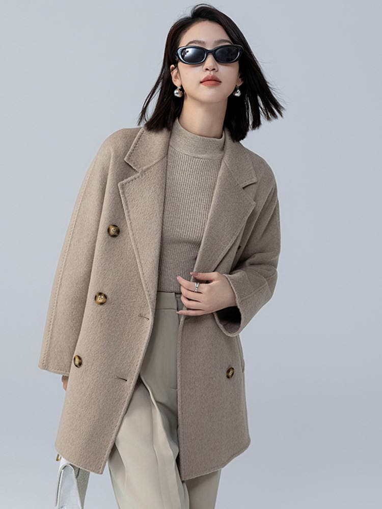 Western style loose short M home camel velvet double-sided overcoat women's woolen coat autumn and winter small high-grade double-row 3