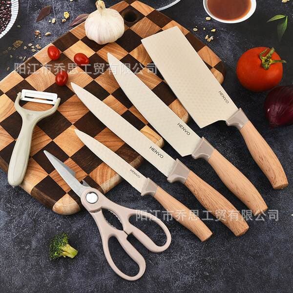 Factory Stainless Steel Kitchen Knife Set 1.2 Thick Wood Grain Handle Khaki Color Hexagonal Diamond Pattern Set