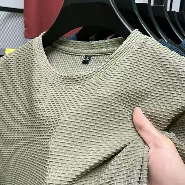 Summer New Style Elastic Bamboo Mesh Ice Silk T-Shirt Men's Short-Sleeved Round Neck Half-Sleeved Men's Bottoming Shirt Men's T-Shirt Quick-Drying
