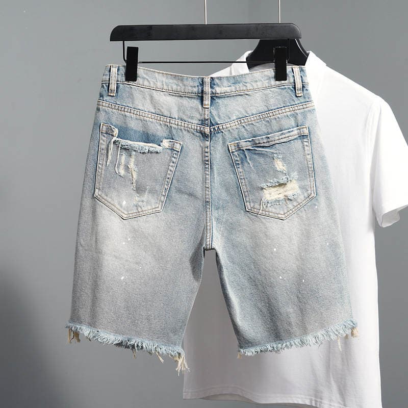 Men's Rough Denim Shorts 2024 Summer Thin Trendy Brand Five-point Pants Casual All-match Slim-fit Straight Pants 2