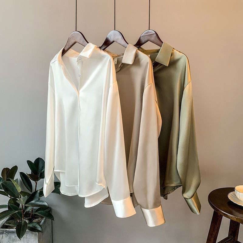 Long-Sleeved Satin Shirt Women's Design Niche 2025 Spring New Versatile Draped Retro Hong Kong Style Shirt Top 3