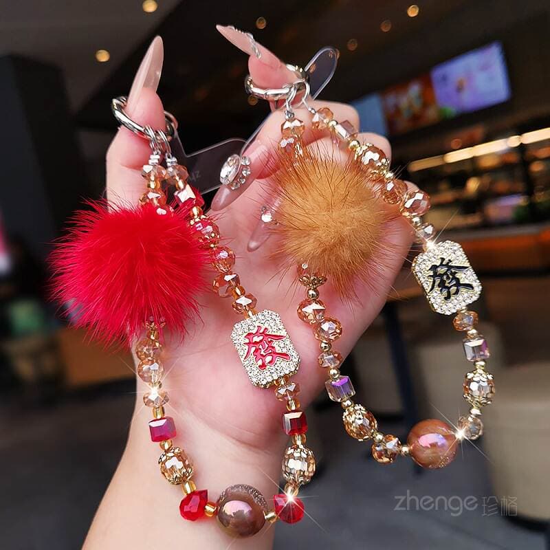 Mobile Phone Chain Pendant for Women to Make Money, Crystal Fur Ball Beaded Wrist Rope, Short Style for Outdoor Travel, Shopping and Taking Photos 4