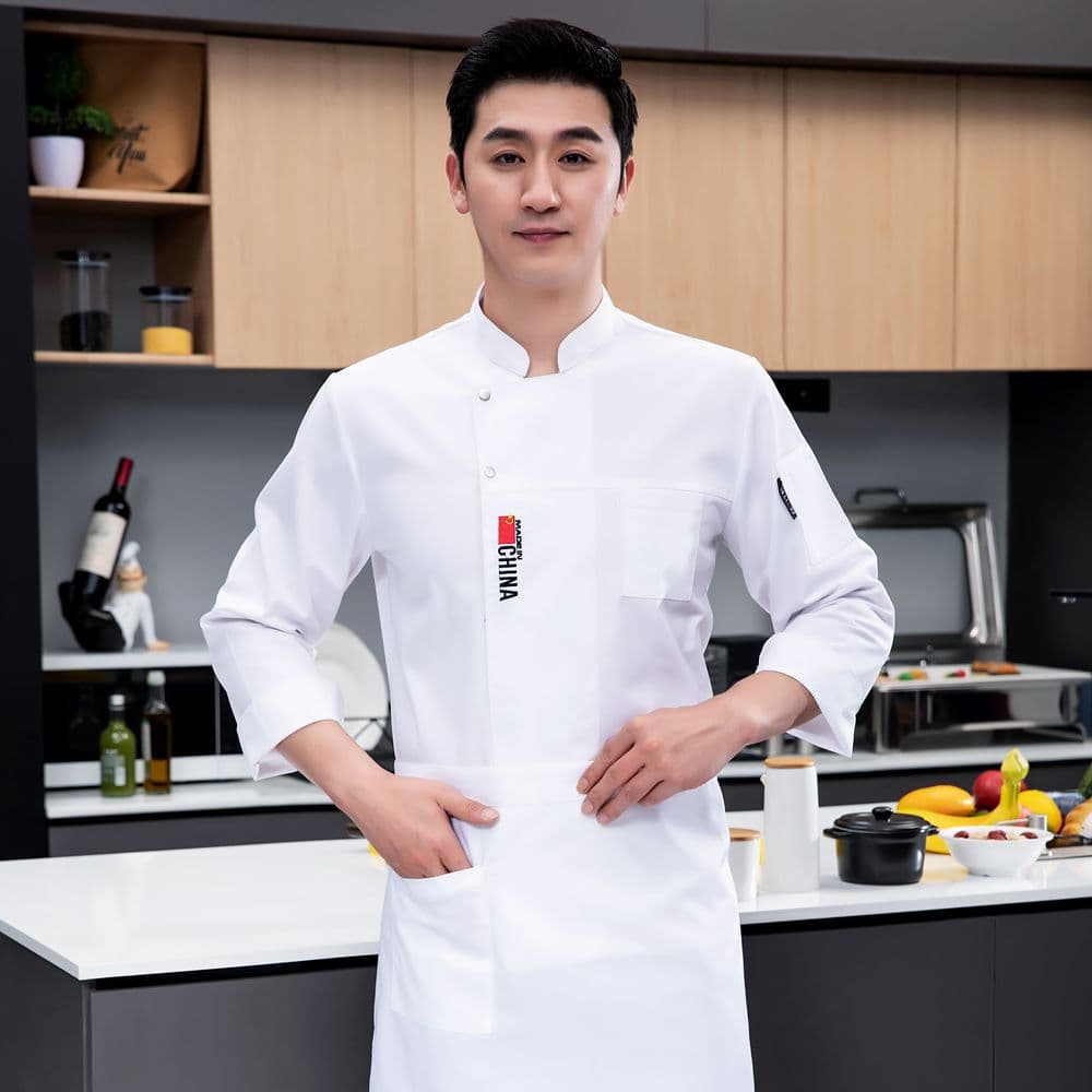 White [long sleeve + apron] two-button national flag