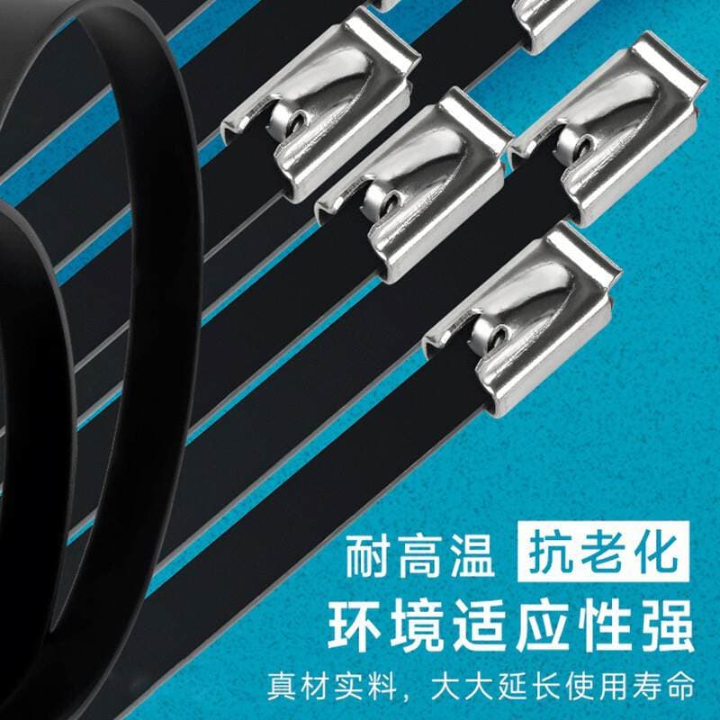 Plastik örtüklü paslanmayan polad kabel bağları, 5.6mm enində, 9mm, qara, özübağlanan 2