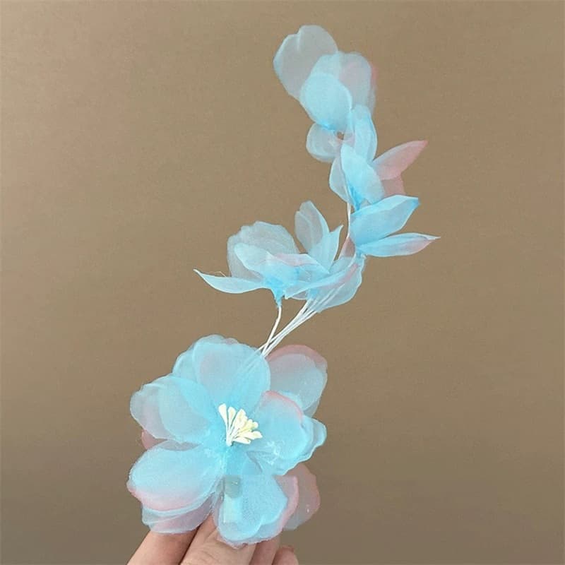 Gradient blue chiffon branched flower hairpin