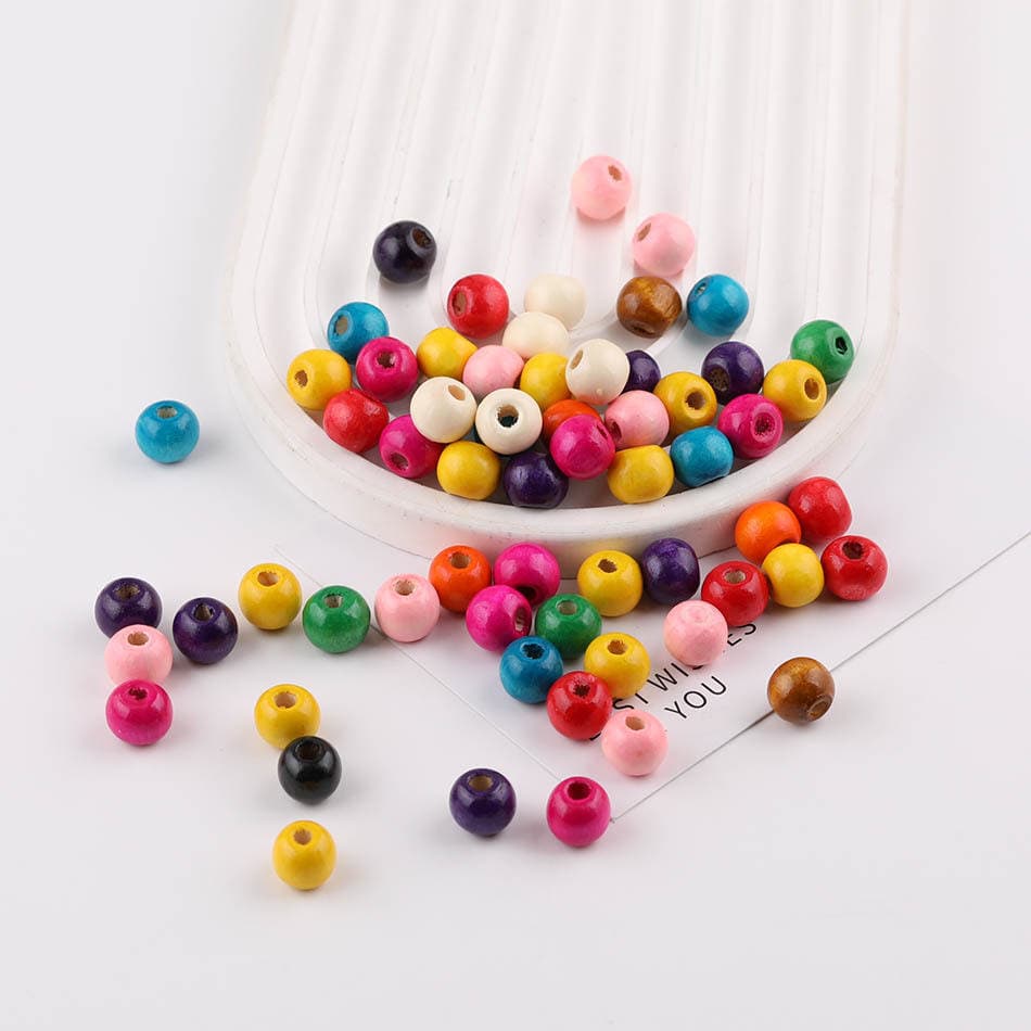 10 mm rəngli dəyirmi taxta muncuqlar, düz deşikli, DIY bilərzik, boyunbağı və zərgərlik üçün. 2