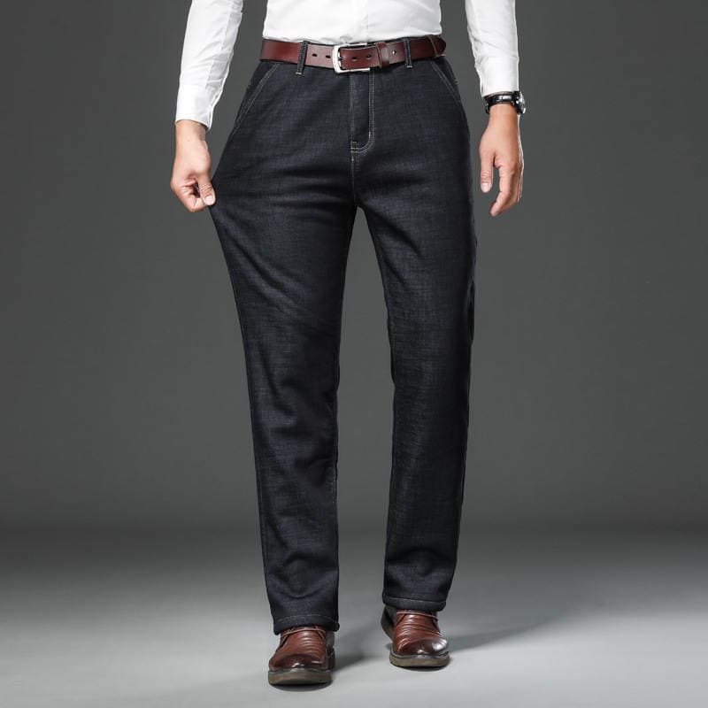 Winter new men's fleece-lined jeans lambswool thick warm straight pants loose stretch casual trousers men 3