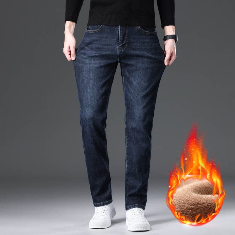 fleece-lined Thickened Jeans Men's Elastic Straight 2024 Winter New Casual Warm Pants Washed Wear-resistant 3