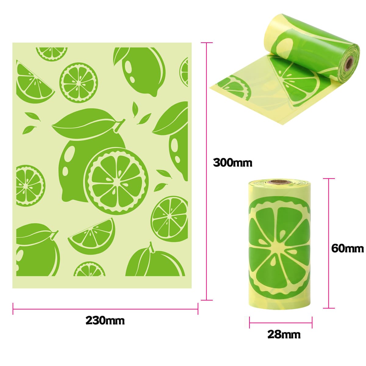 Eco-friendly green printed trash bags, 1.4 mil thickness, lime scented, 15 bags/roll