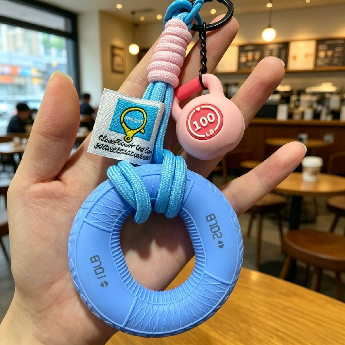 Blue grip ring + buckle cloth label lanyard + pink kettlebell
