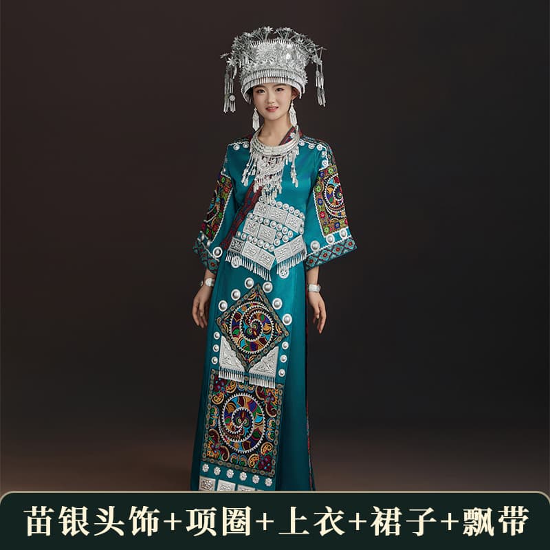Dark green long style (miao silver headdress + collar + top + skirt + ribbon)