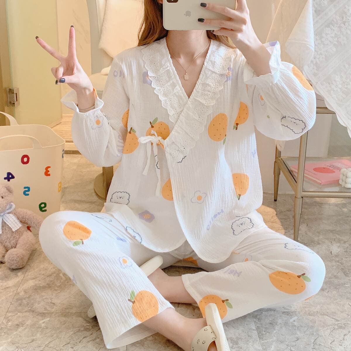 Yaz-payız üçün krepdən hazırlanmış uzunqol hamilə və əmizdirən qadınlar üçün pijama dəsti 2