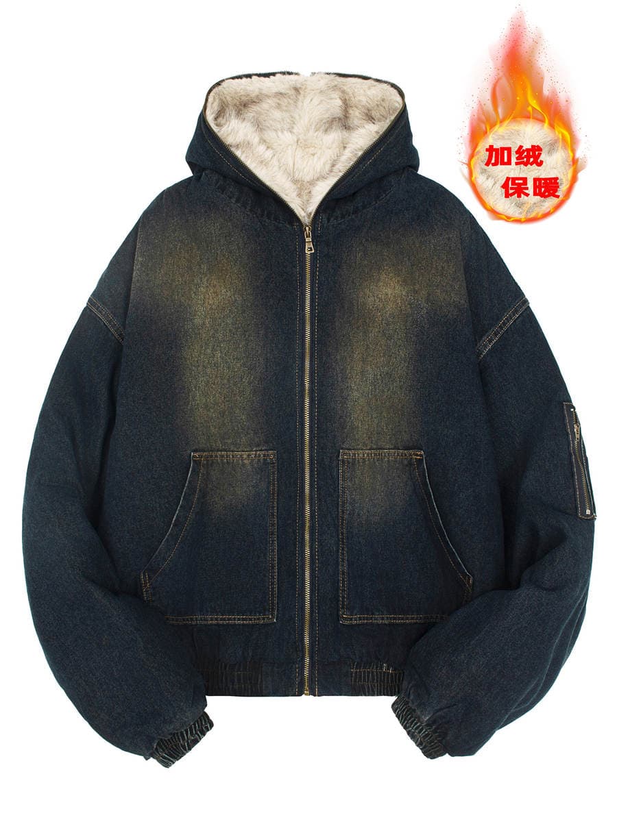 Cross-Border New Style Casual Fleece-Lined Warm Jacket for Autumn and Winter, Thickened and Loose-Fitting Hooded Denim Coat for Men 1