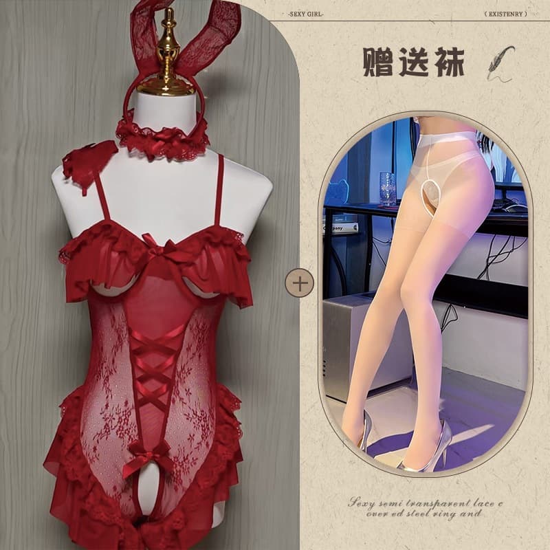 Bunny girl burgundy + white open socks