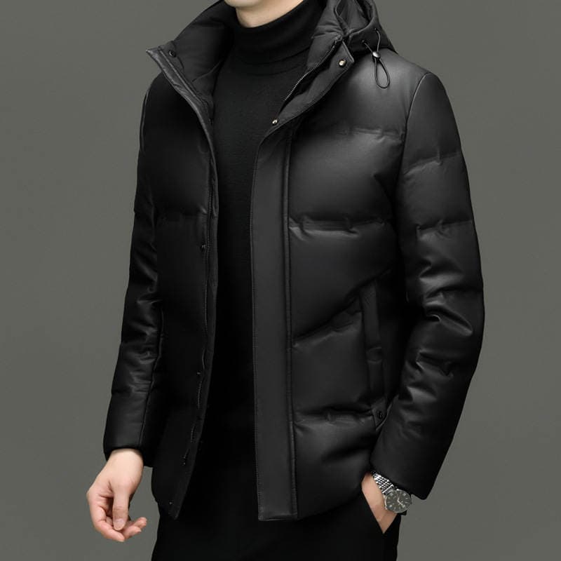 Autumn and Winter New Style Goose down Leather Jacket for Men, Business Casual Hooded Coat, Thickened Leather down Jacket for Middle-Aged Men 4