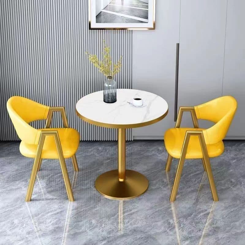 Imitation white marble table top + golden leather chair