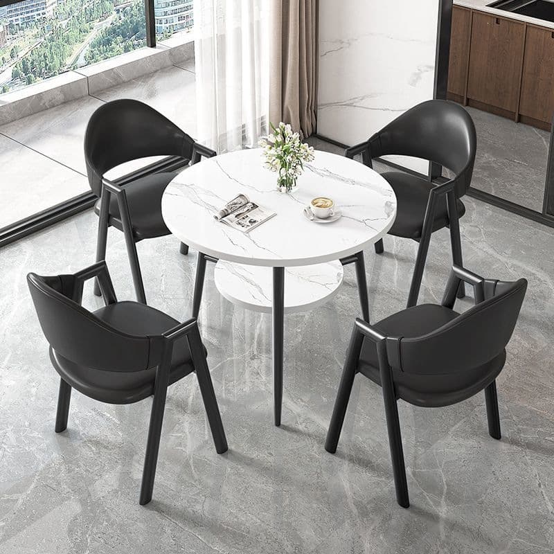 Round table + 4 black leather chairs - walnut legs