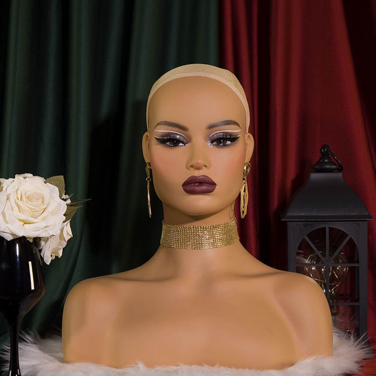 Foreign Trade Silicone Head Model Necklace Display Wig Hair European and American African Pvc Mannequin Head Black Skin Color Half Body 2