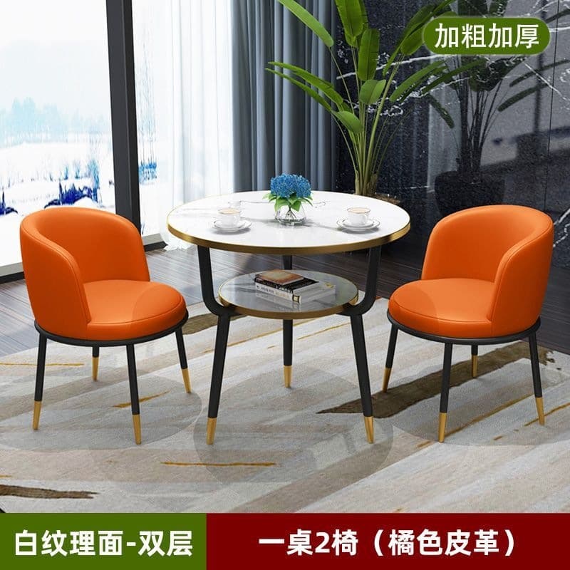 [one table and two chairs] warm white double-layer table 60cm + 2 orange leather chairs
