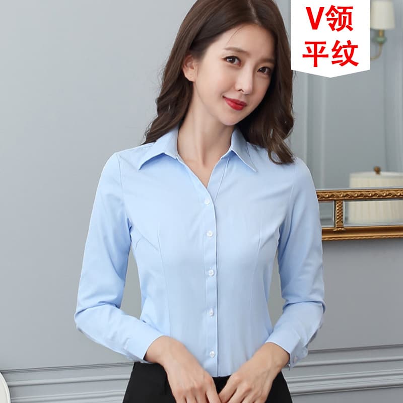 [V collar] blue plain long sleeve
