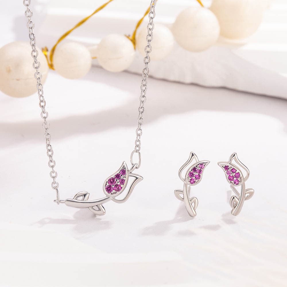 Korean-Style Fresh Tulip Set, Niche Design, Sweet and Fashionable Clavicle Chain and Earrings Jewelry Wholesale 1