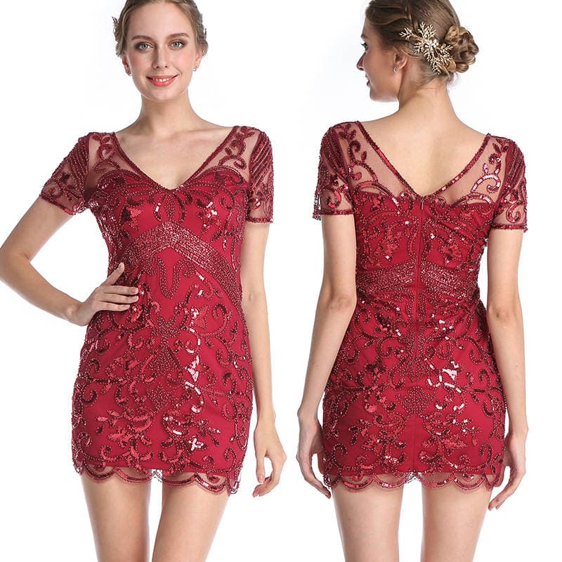 Factory Customized Short Sexy Retro Sequin Dress Nightclub Party Eye-Catching V Neck Hip-Hugging Slim Dress 3