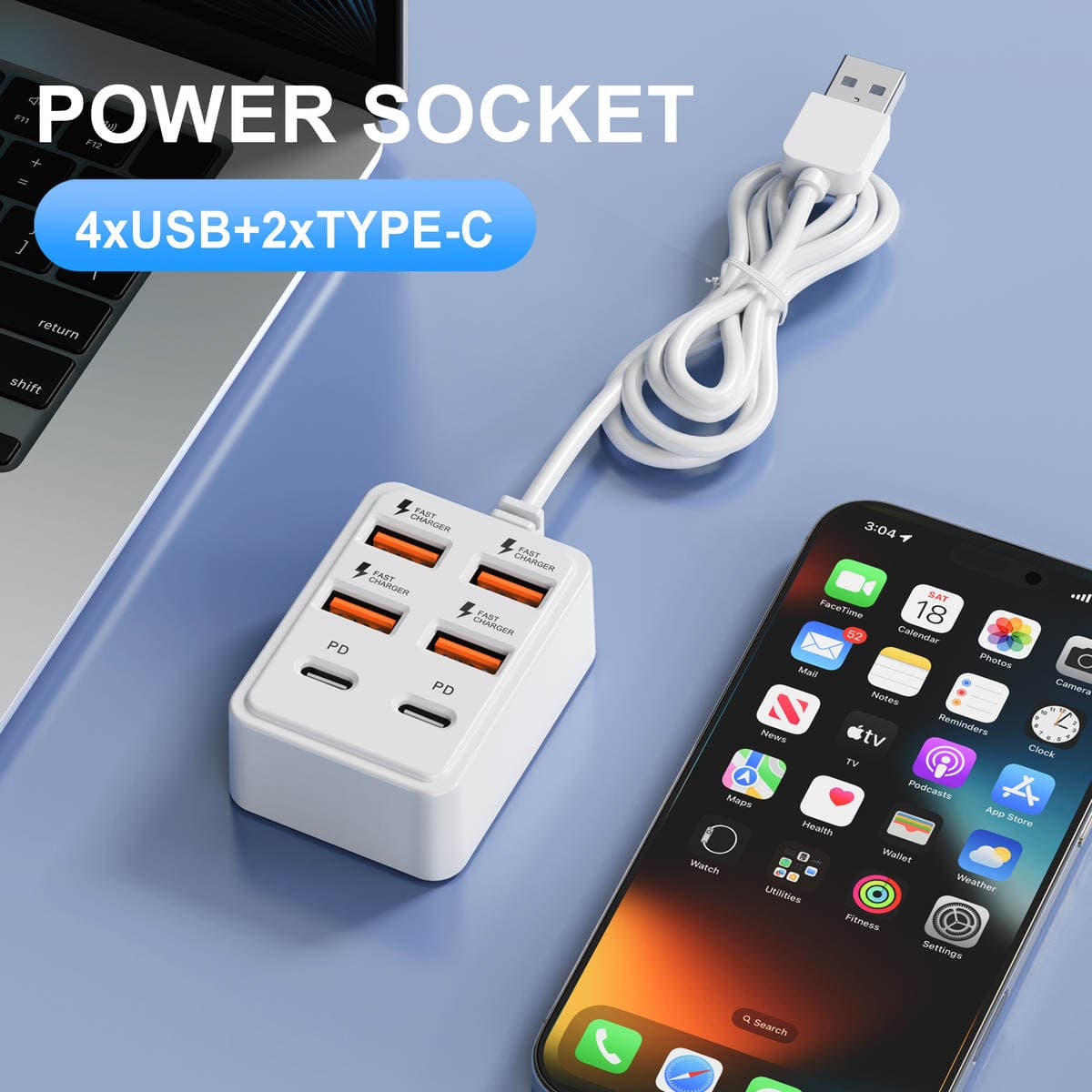Çoxfunksiyalı USB Rozetka, 2 USB + 2 Type-C Sürətli Şarj Portu 4