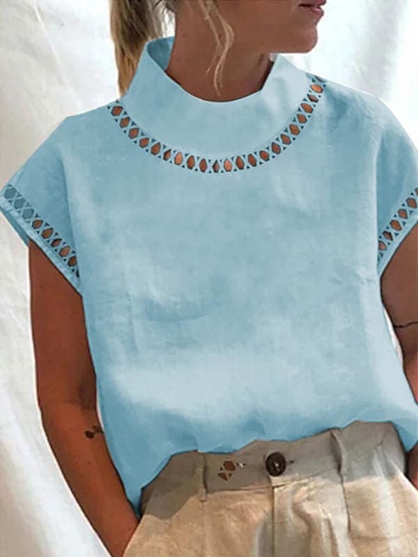 wish Independent Station Women's Solid Color Hollow Top Casual High Collar Linen Lace Breathable Shirt Spot 3