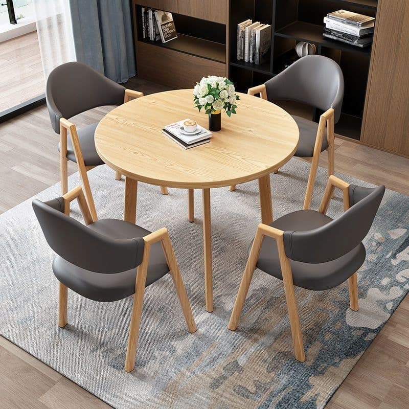 Light wood grain single table + dark gray leather chair