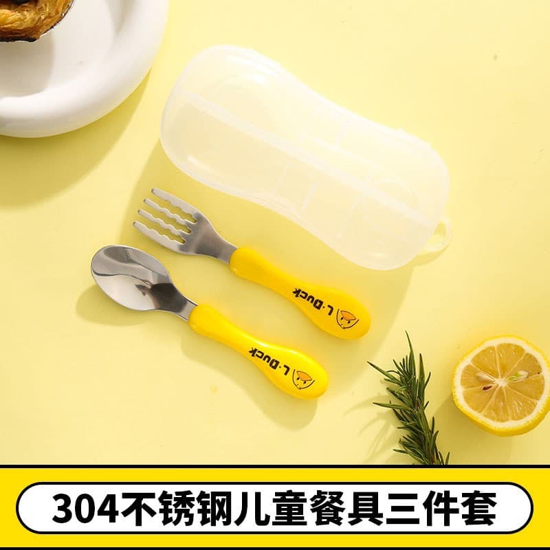 Yellow duck stainless steel spoon + fork + storage box