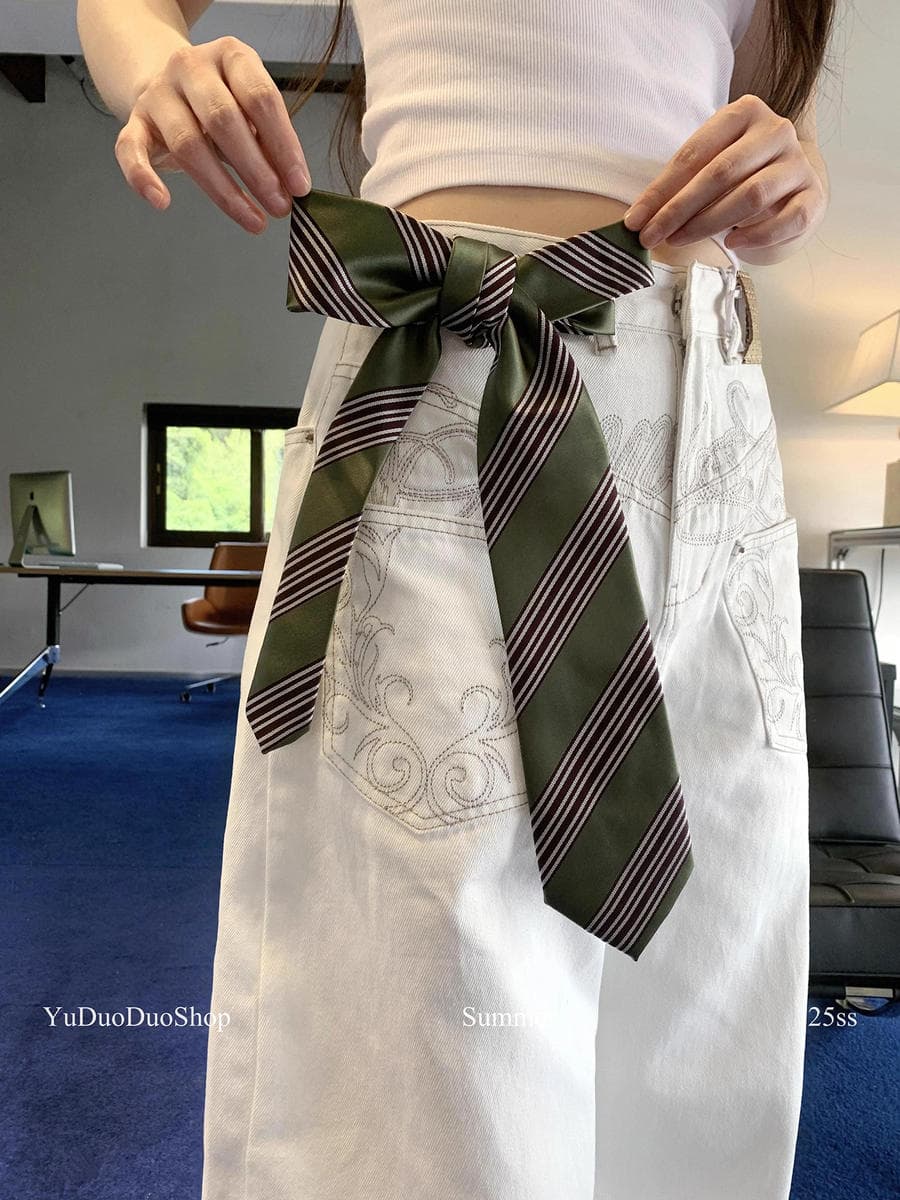 Vintage Khaki Striped Tie for Women, Hong Kong Style Retro Hand-Tied Scarf, Shirt Accessory, Fashionable Pants Belt, Waist Accessory 3