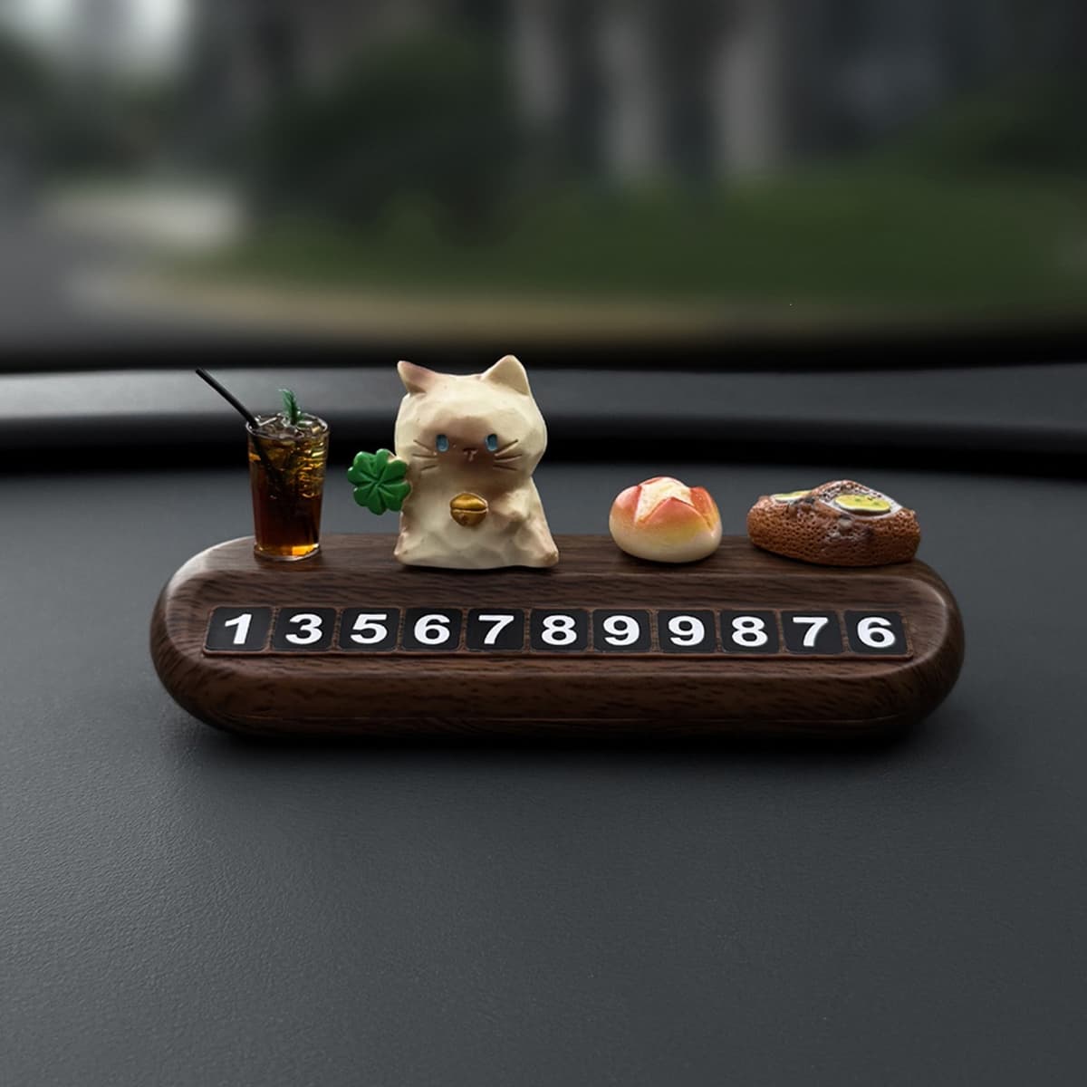 Four-leaf Golden Bell Cat + Small Ornament + Wood Grain Parking Sign (comes with 5 sets of numbers)