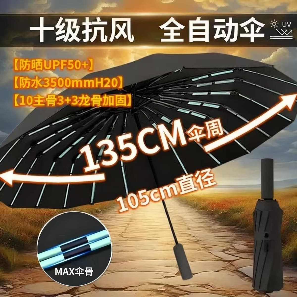 Type 596 cool black [level 10 wind resistance] 135cm umbrella surface