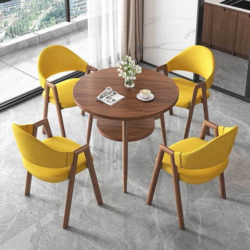 Round table + 4 yellow cloth chairs - walnut legs