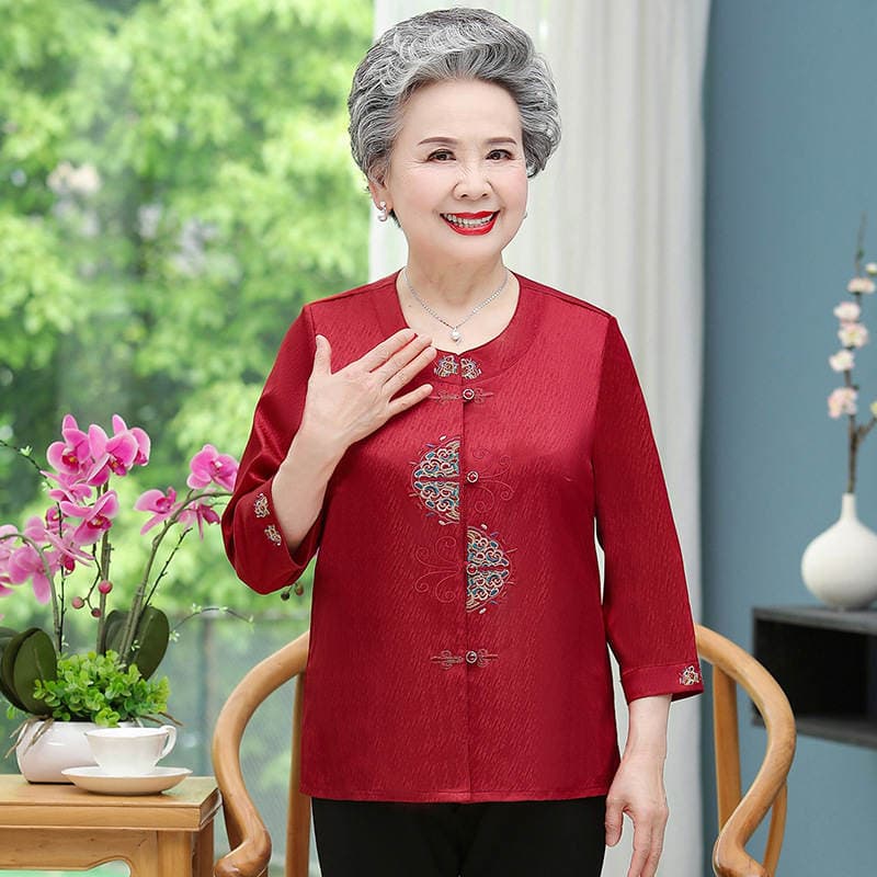 Middle-Aged and Elderly Women's Shirts, Grandma's Wedding Banquet Summer Clothes, Women's Suits, 70 and 80-Year-Old Mothers' Summer Short-Sleeved Tang Suit Tops 5